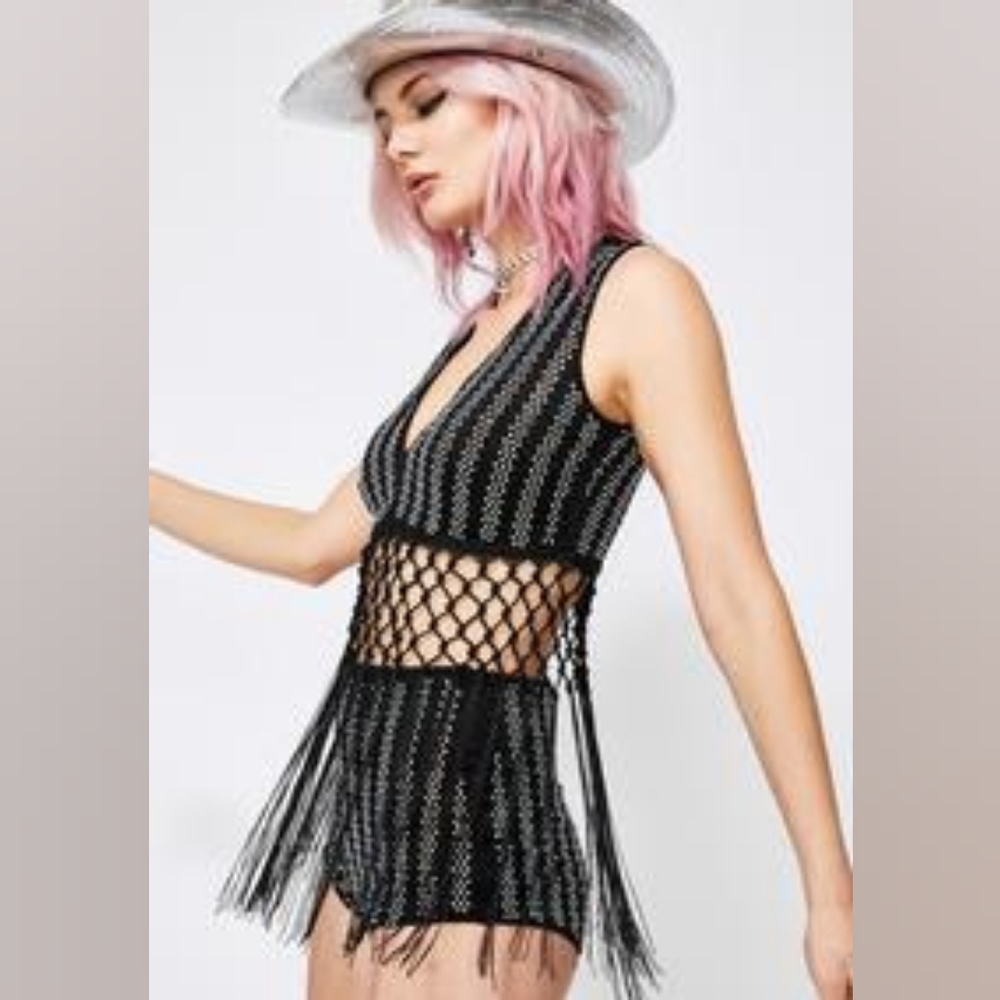 Banjul Black Fringe Shiny Rhinestone Cropped Top & High Waist Shorts Size Large